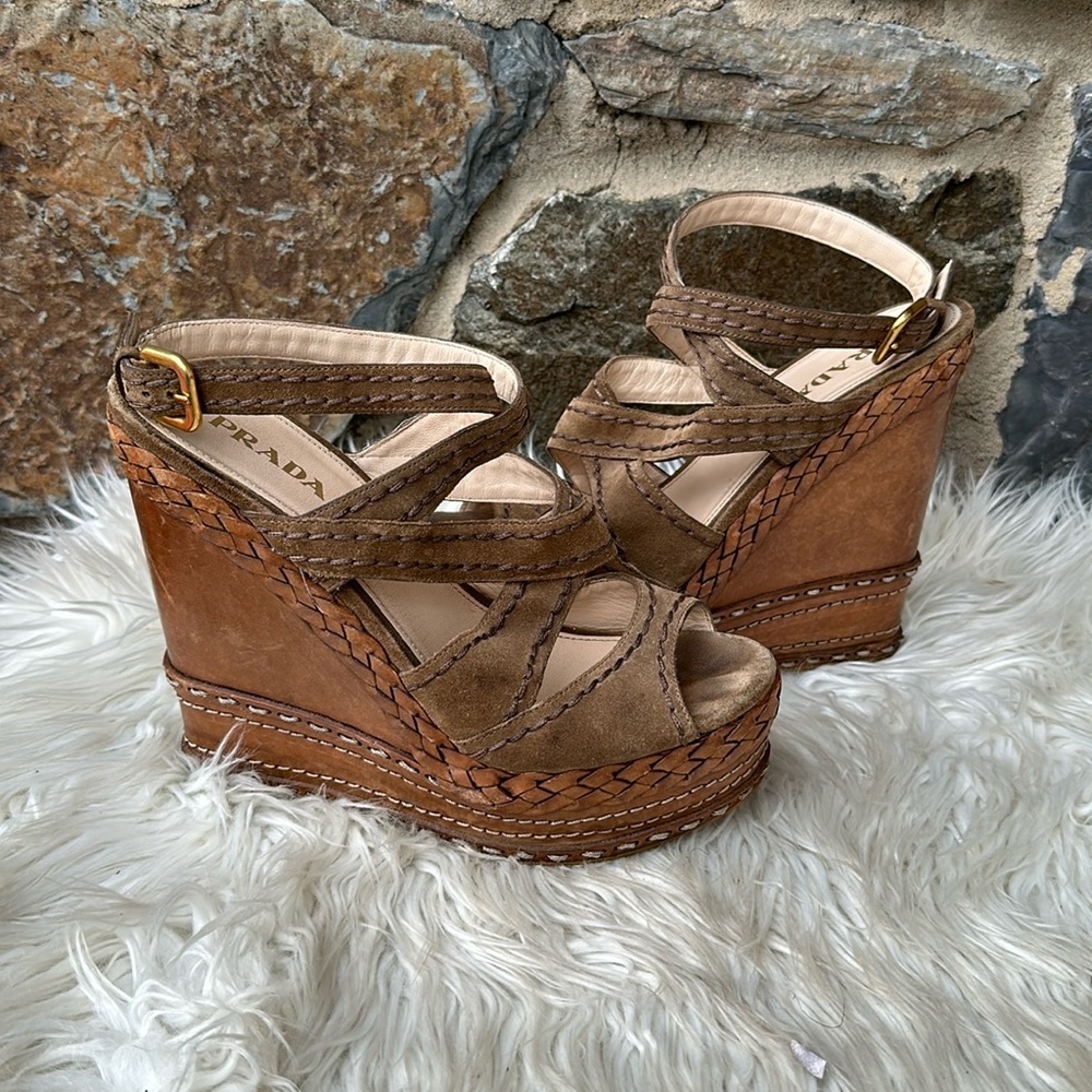 Prada Brown Leather Strappy Platform Heels Sandals Women's US 8.5 / EU 38.5
